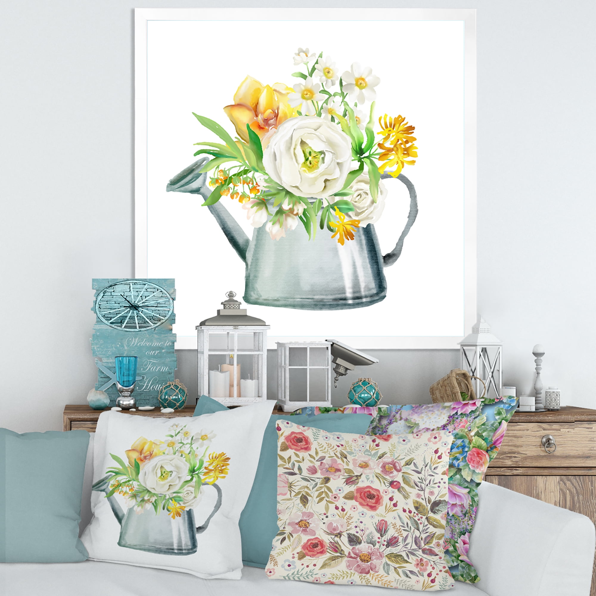 Marigolds Roses and Peonies In Garden Watering Can 36 in x 36 in Framed Painting Canvas Art Print, by Designart