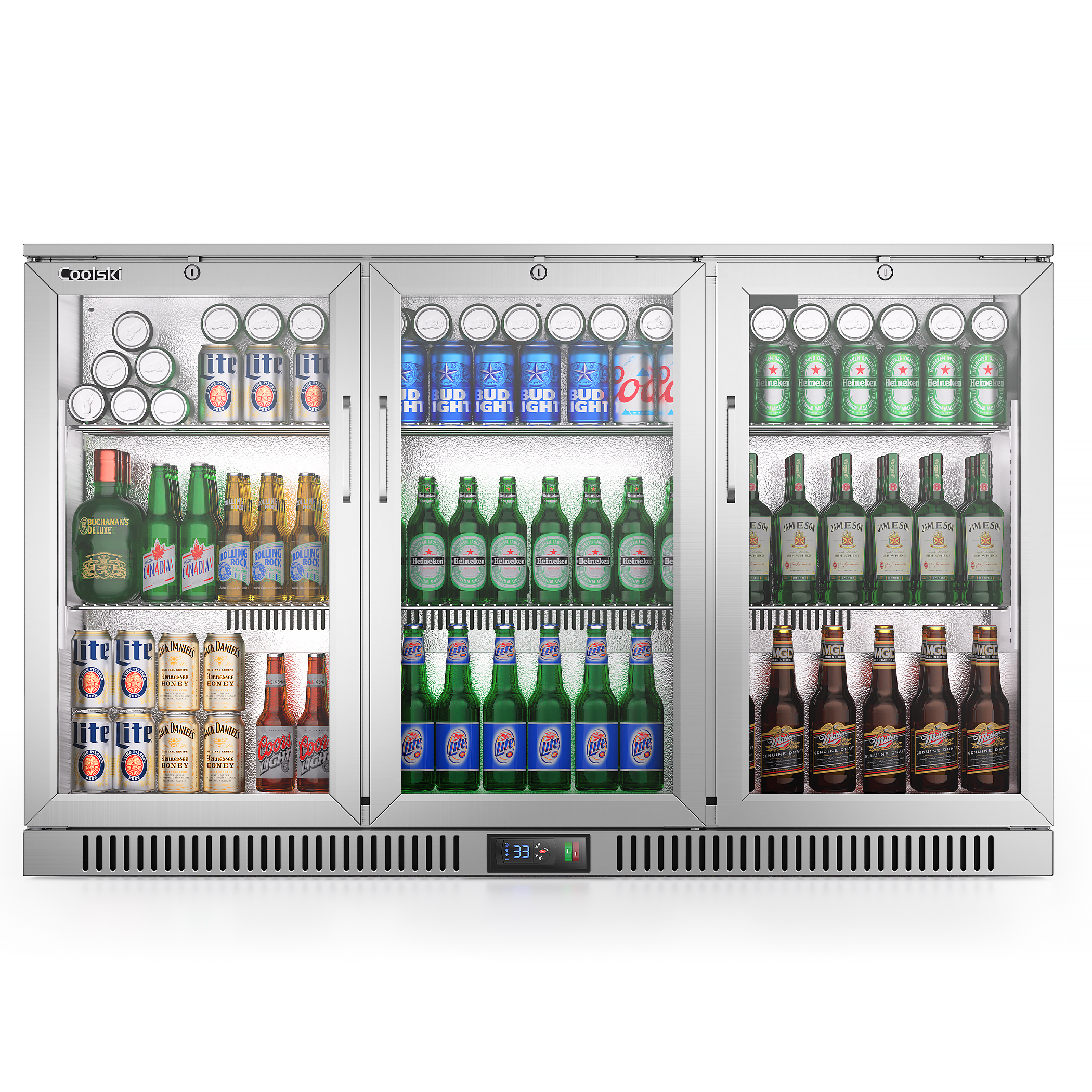 Coolski 53 Wide Beverage Refrigerator with 3 Doors, Commercial Back Bar Cooler Fridge for Beer Soda Wine, ETL NSF Approved, Stainless Steel