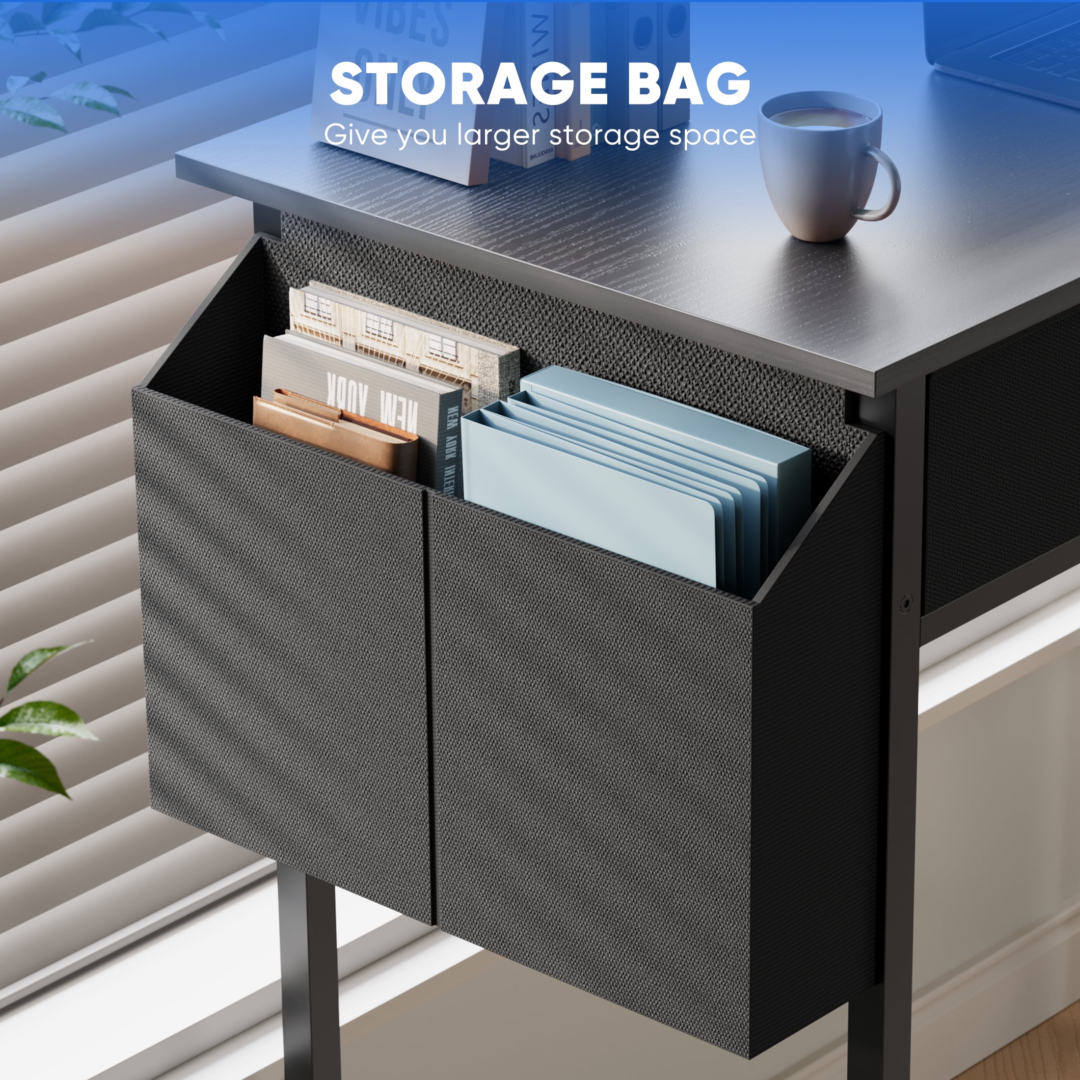 JIOABL Small Desk with 2 Drawers 32 Inch Bedroom Kids Student Vanity Home Office Computer PC Table with Fabric Storage Bag, Study Writing Wood Deskboard for Small Spaces,Black