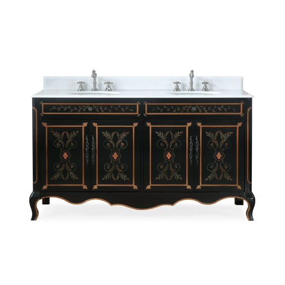 Benton Collection 60" Black Hand-Painted Floral Double Sink Bathroom Vanity