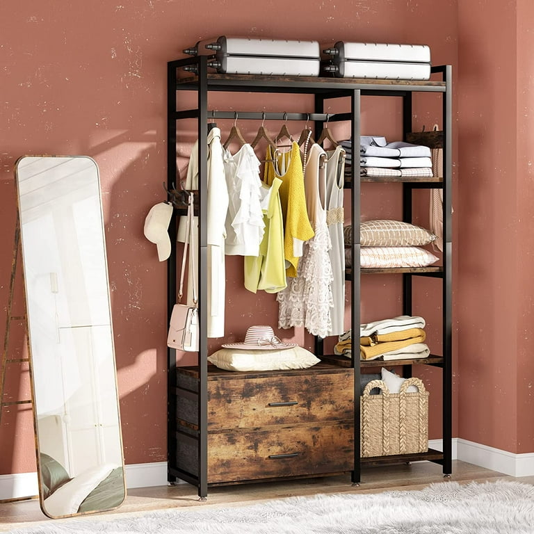 Freestanding Closet Organizer, Garment Rack with 2 Fabric DrawersRustic  Brown + Fabric Drawer