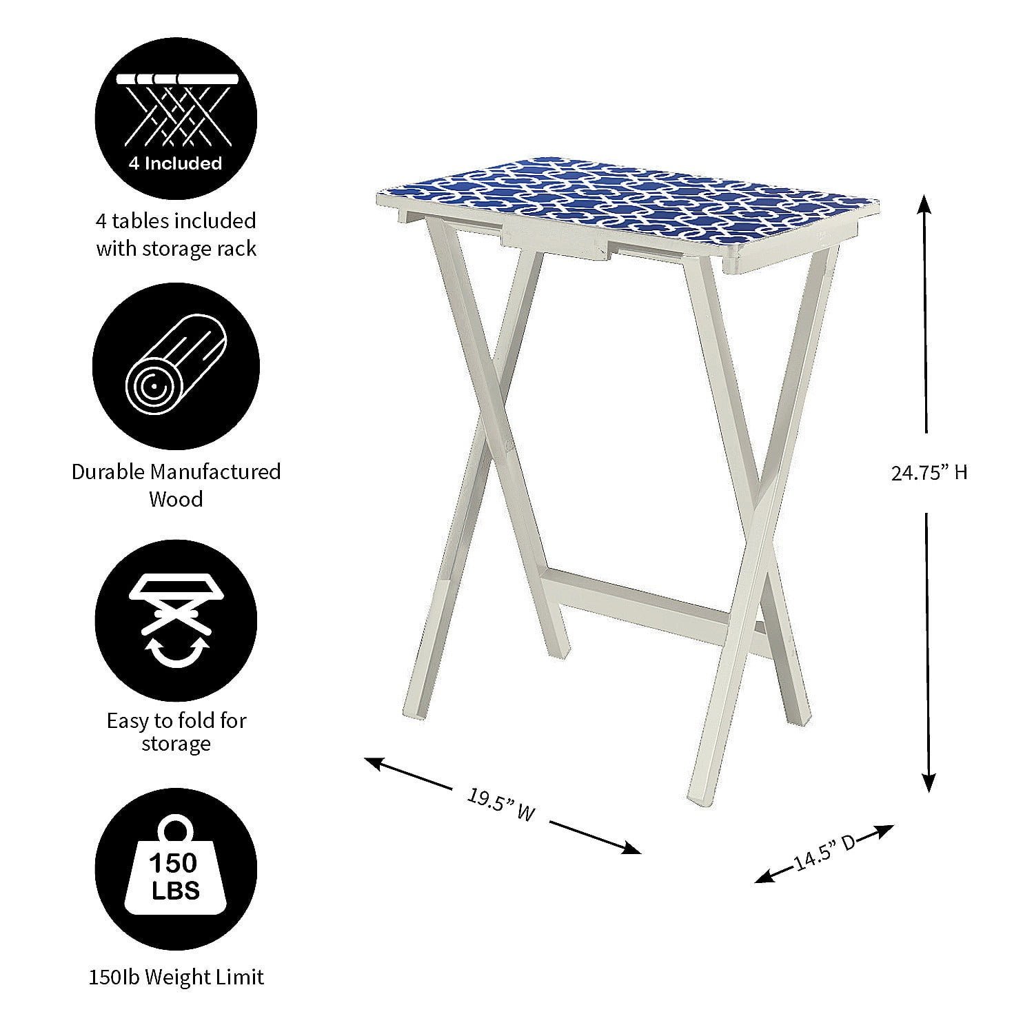 Mod Blue and White TV Trays Set of 4 with White Stands