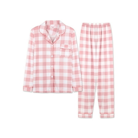 

Colisha Women Sleepwear Lapel Nightwear Button Down Pajamas Sets Loose Pjs Long Sleeve Lounge Set Pink Big Plaid L