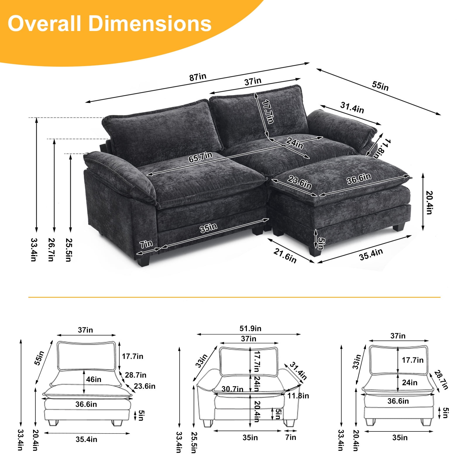 Ktaxon Sectional Sofa L Shaped Couch with Chaise Living Room Sleeper Set, 2 Seats with Chenille and Double Layer Cushions 86" W Black