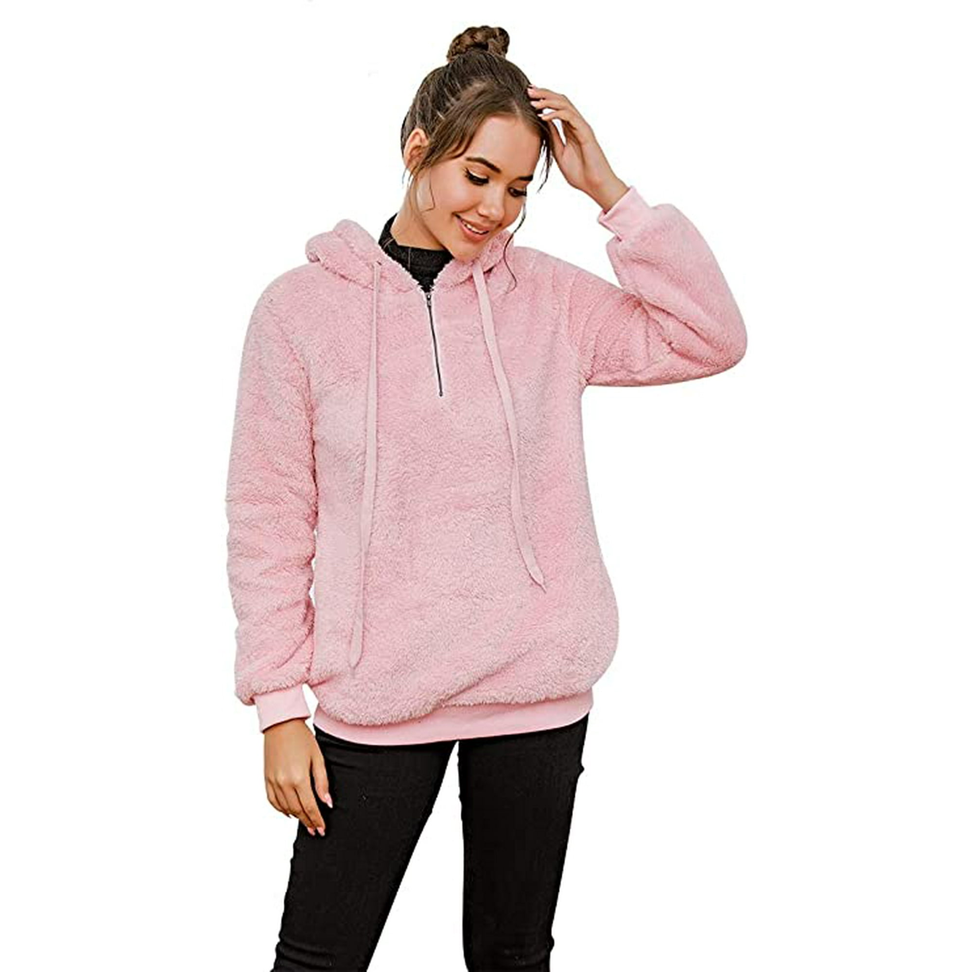 Womens Fuzzy Sherpa Hoodies Pullover Zip Fleece Sweatshirt Outwear Walmart