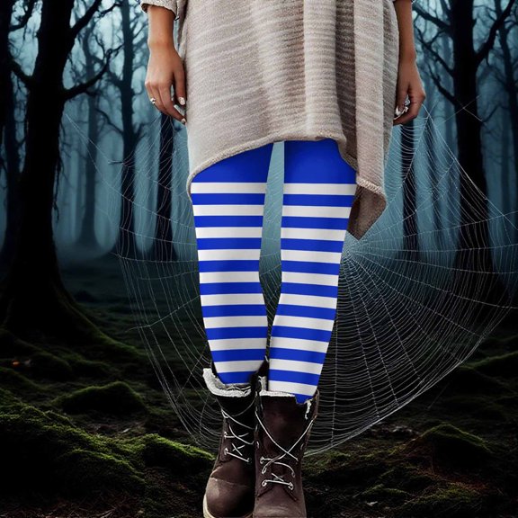 BLTIBY Womens Halloween Legging High Waist Stretch Striped Printed Halloween Costume Tights Casual Fashion Bottom Yoga Pants Blue XL