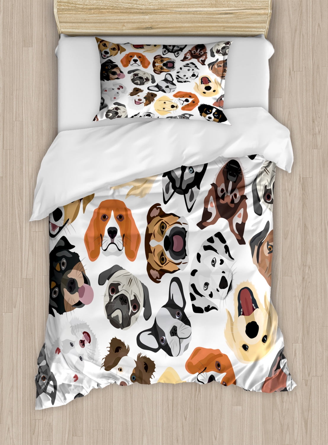 Dogs Duvet Cover Set Twin Size, Graphic Faces of Various Different Dog