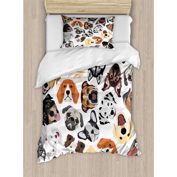 Dogs Duvet Cover Set Twin Size, Graphic Faces of Various Different Dog