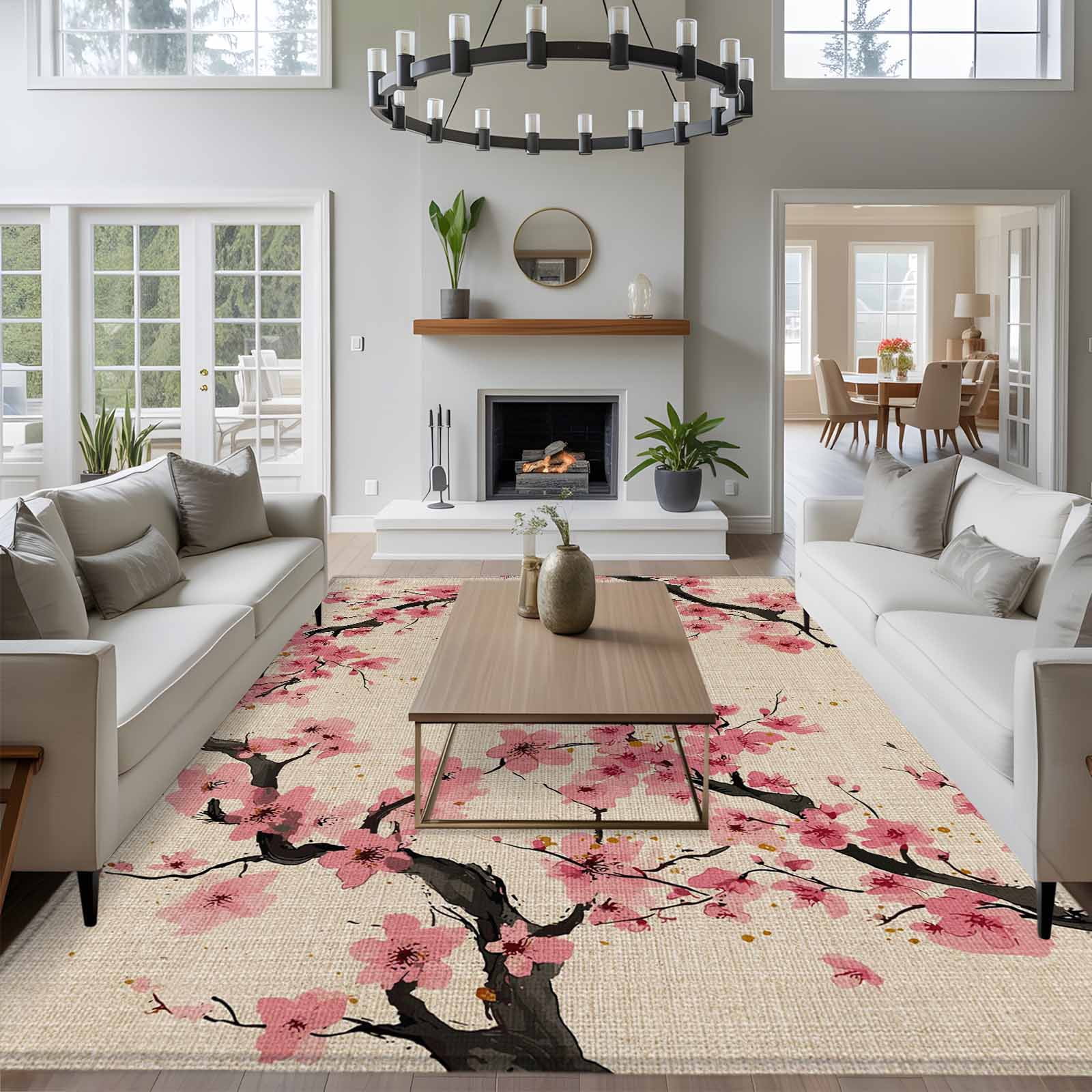 Large Area Rugs for Living Room Bedroom, Spring Flowers 6'x9' Rug Washable Carpet Runner Indoor Outdoor, Country Pink Peach Blossoms Botanical Floral Non Slip Floor Mats Rug for Kitchen, Playroom