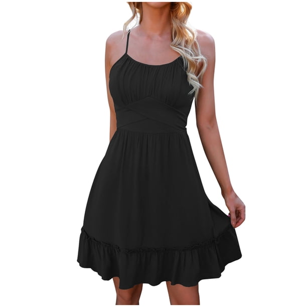 Vestido liso sin mangas con cuello redondo y cuello redondo de playa informal de verano para mujer Fridja hjkh5106