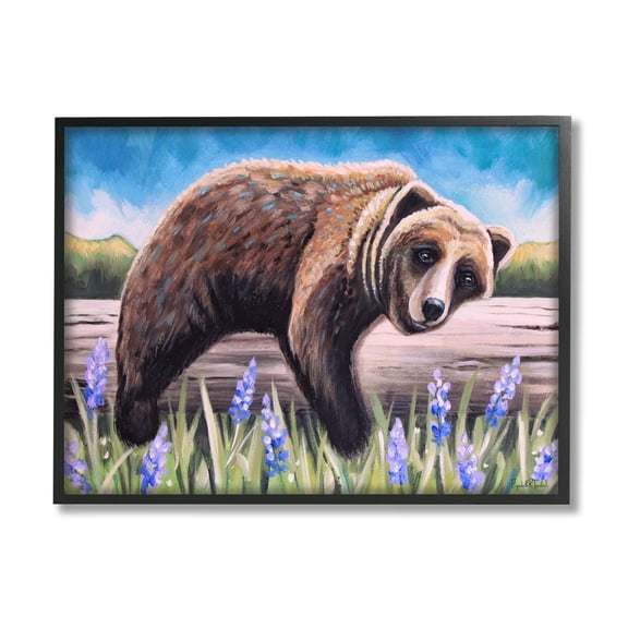 Stupell Industries Relaxing Bear Resting Tree Trunk Meadow Painting Black Framed Art Print Wall Art, Design by Elizabeth Tyndall