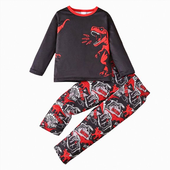 Quealent Toddler Boy Clothes Dinosaur Printed Long Sleeve Tops and Pants Set Cute Fall Winter Soft 2Pcs Outfits (Red, 4-5 Years)