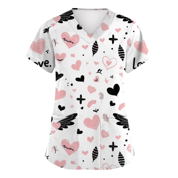 Valentines Day Scrub Tops for Women Plus Size Loose V Neck Cute Love Heart Printed Scrub Shirts Hoilday Short Sleeve Scrubs Medical Nurse Uniform Nursing Workwear with Pockets Light pink 3XL