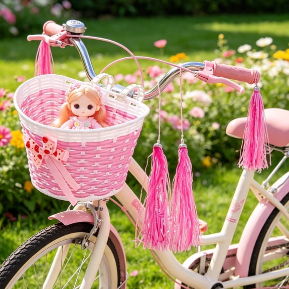 Dailihome Kids Bike Basket Front Handlebar Woven Wicker Basket with 2 Shiny Pink Streamers for Toddler Bicycles and Scooters