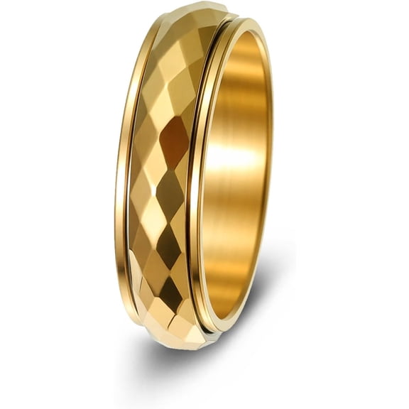 BQF Faceted Rhombus Cut Spinner Ring, Stainless Steel Shiny Geometric Interactive Ring, US Sizes 5-13