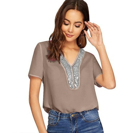 Milk Silk Women Women's Summer Casual V-neck Shirts Ladies Milk Silk Tunic Tops Sequins Pure Color T-shirts Loose Short Sleeve Blouse ()