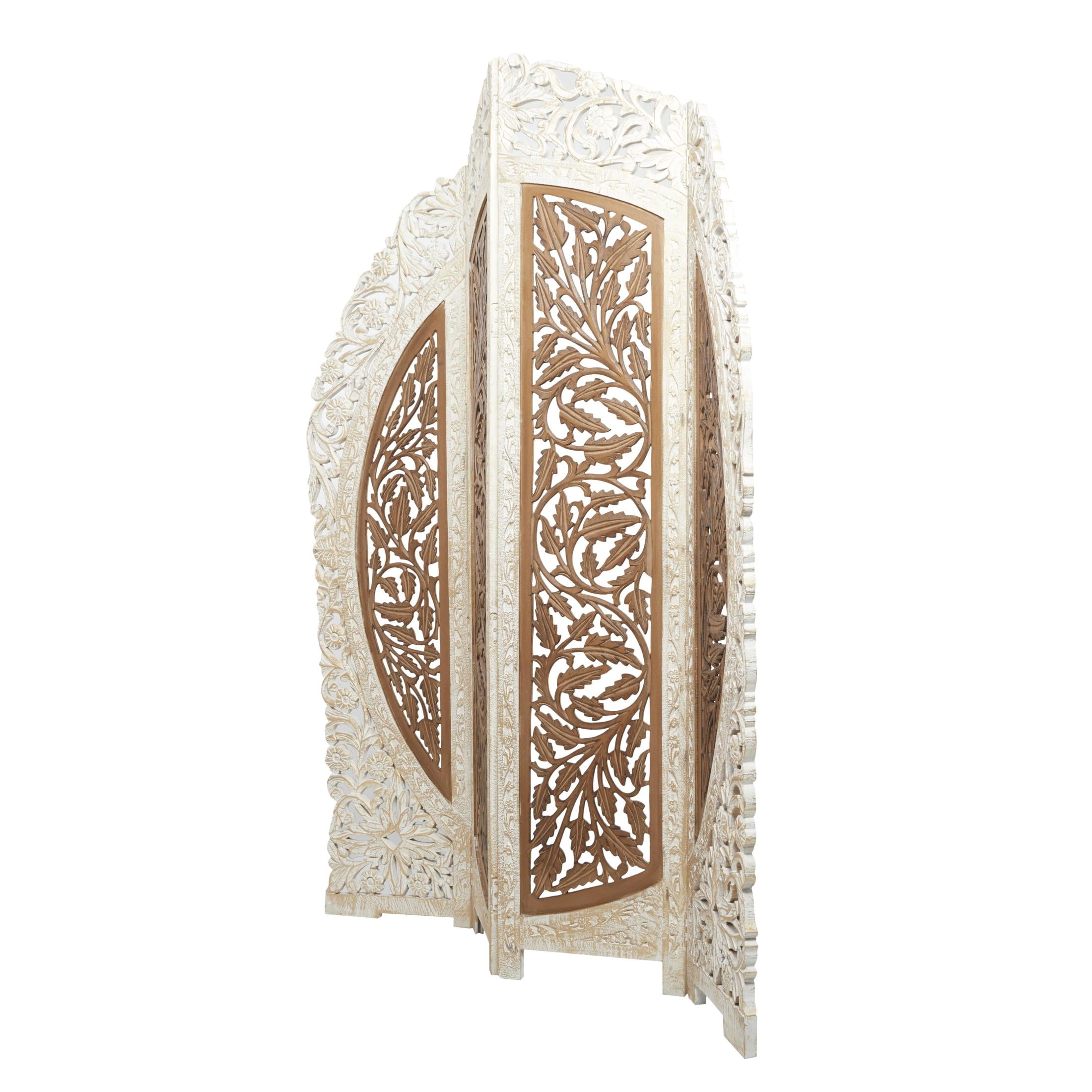 DecMode French Country Wood Foldable 4 Panel Room Divider Screen with Floral Carvings and Brown/White Distressed Finish, 62"W x 72"H