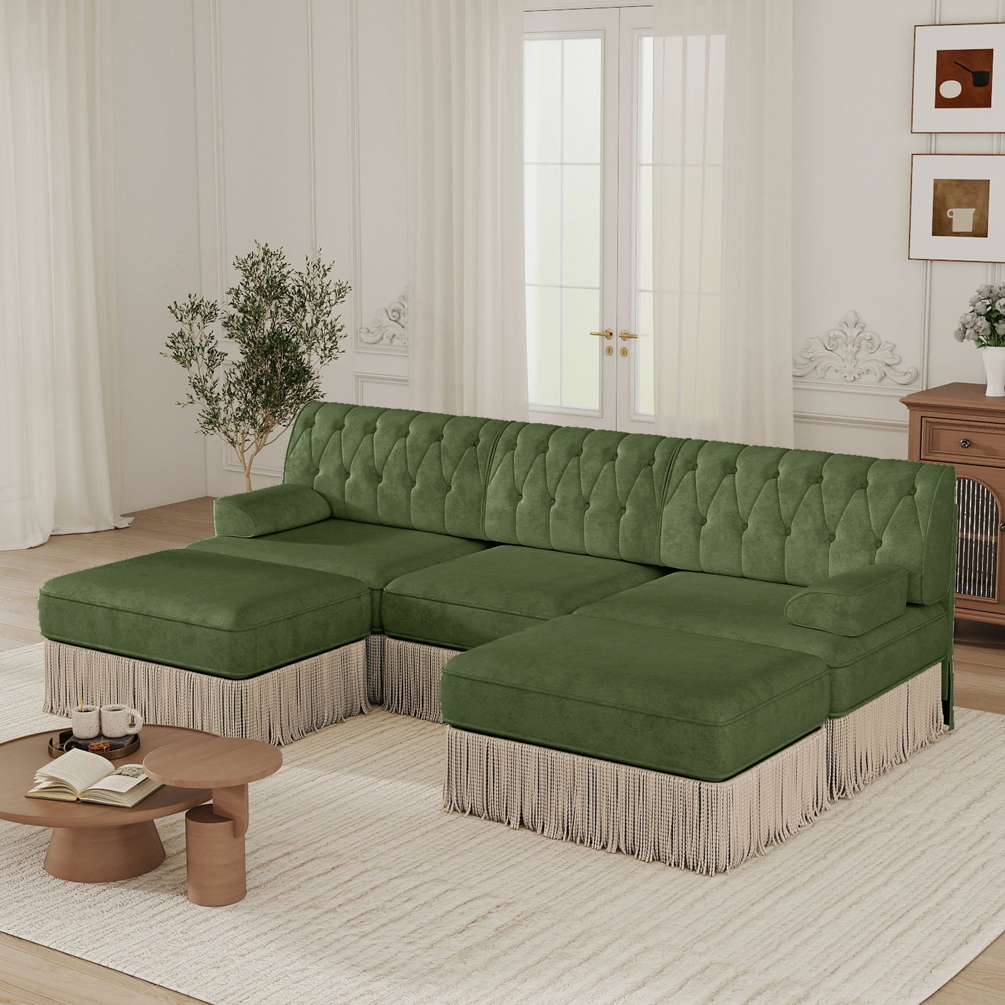 MAYEERTY U-Shape Chesterfield Modular Sofa, Tassel Sectional Couch with Double Ottomans for Living & Bedroom Home Decor