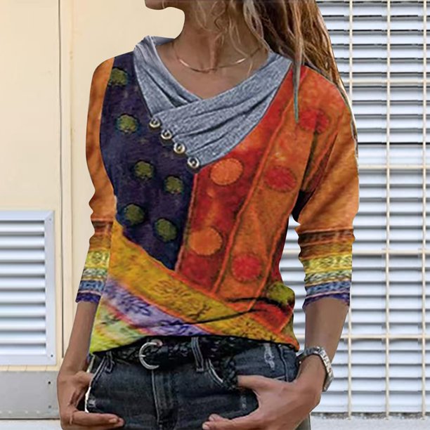Puntoco Mujer Tie-Dye Impreso Bordado Cuello Manga Larga Pullover Blusa tops Puntoco Puntoco-79