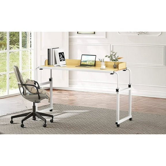 120x40CM Height Adjustable Overbed Table with Wheels, Rolling Over-the-Bed Laptop Desk with Raised Baffle, Home Office Bedroom Hospital Workstation Table Lorelo