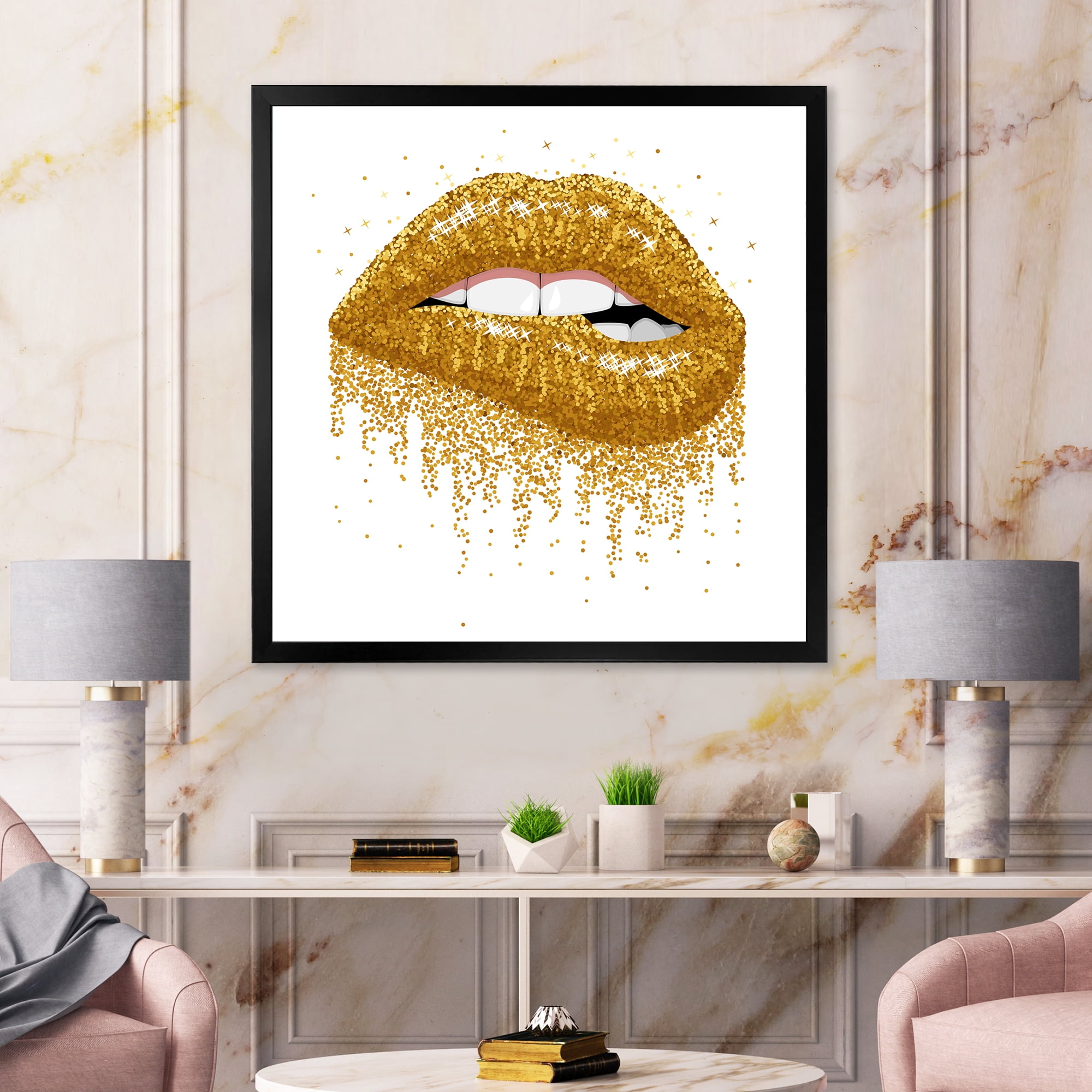 Designart 'Girl Lips With Glitter Gold Sparkles' Modern Framed Art Print