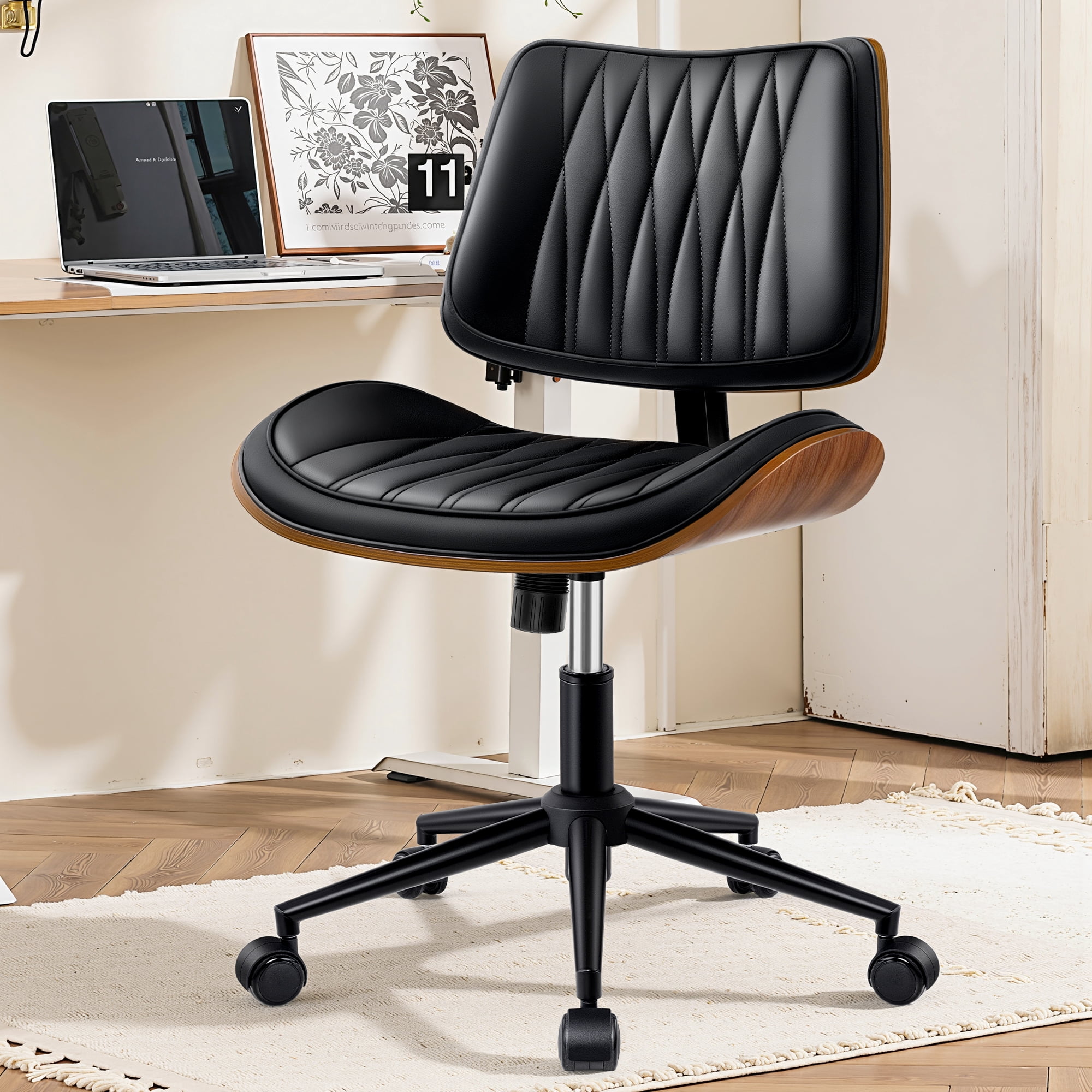 COOLHUT Home Office Chair, Armless Adjustable Height Small Office Desk Chair, PU Leather Swivel Computer Chair, Modern Walnut Bentwood Chair for Office, Reading Meeting Room, Makeup Vanity, Black