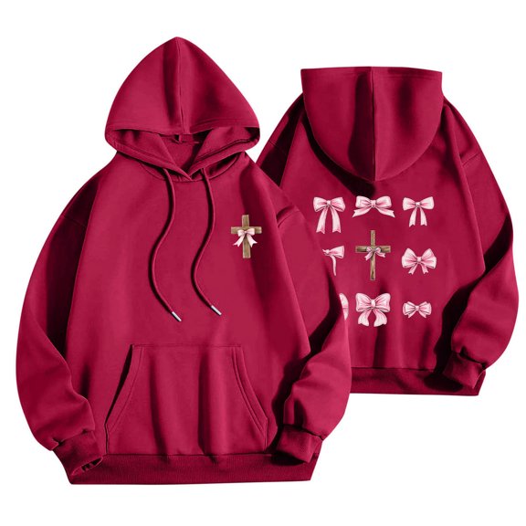 Women's Hoodies Cute Pink Flower Sweatshirt Aesthetic Preppy Casual Basic Hoodie Bow Knot Graphic Sweaters Oversized Hoody Long Sleeve Drawstring Pullover Tops Front Pocket