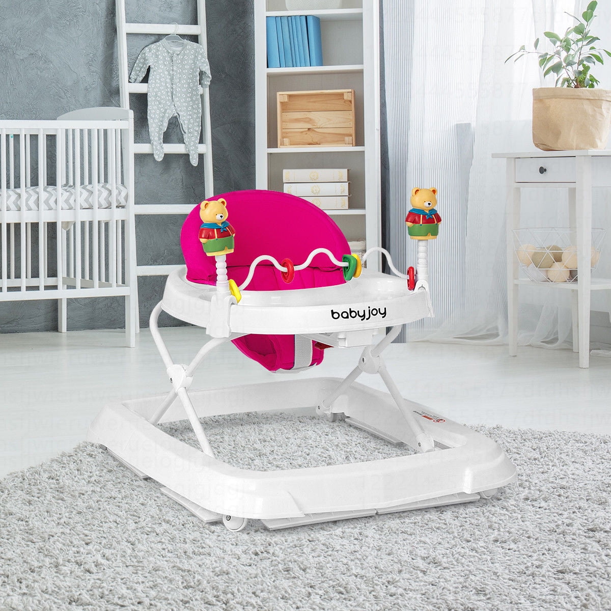 Costway Baby Walker Adjustable Height Removable Toy Wheels Folding Portable Pink