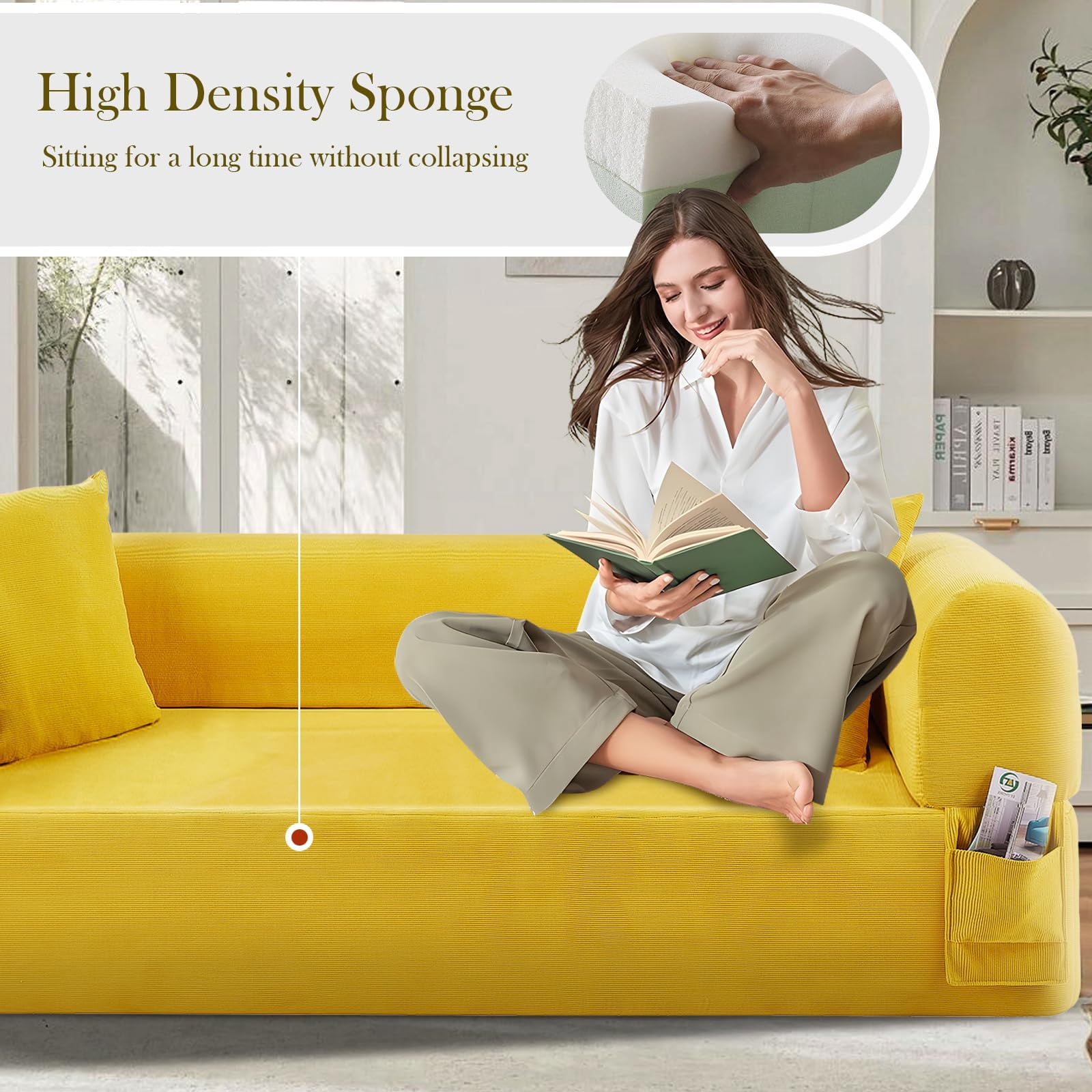 3-Seater Sofa, 83" No Assembly Deep Loveseat Couch in A Box, Spring & High-Elastic Sponge Filling Sofas with 2 Cushions & Side Storage Pockets for Living Room Apartment, Yellow