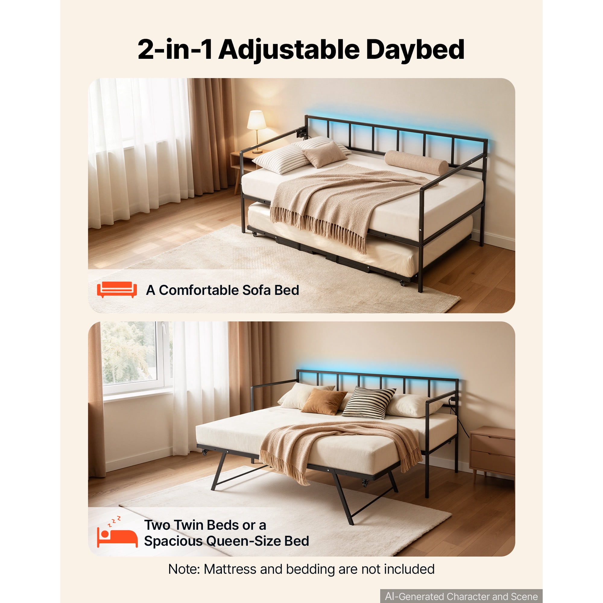 KFFKFF Twin Daybed with Pop-Up Trundle, Metal Frame with Charging Station and LED Light, Ideal for Living Room, Bedroom, Durable Twin Size Sofa Bed Frame, Adjustable Height, Lockable Casters, Black