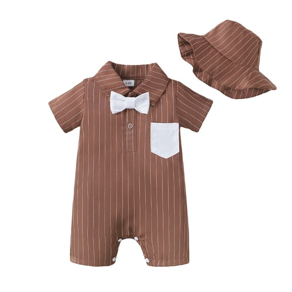 Kucnuzki Newborn Baby Boy Clothes 9 Months Spring Summer Jumpsuit Bodysuit 12 Months Short Sleeve Gentle Stripe Prints Button-Up Collar Overall Jumpsuit Hat 2PCS Set Brown