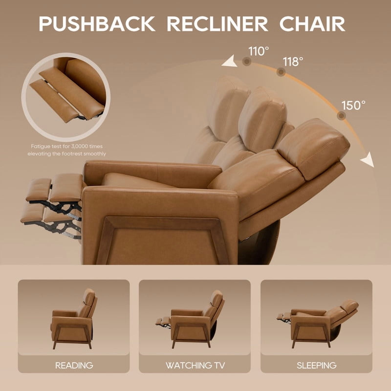 COLAMY Recliner Chair for Living Room, Brown Mid-Century Modern Push Back Recliner, Faux Leather Accent Armchair with Solid Wood Legs and Padded Seat for Small Spaces, Reading Chair
