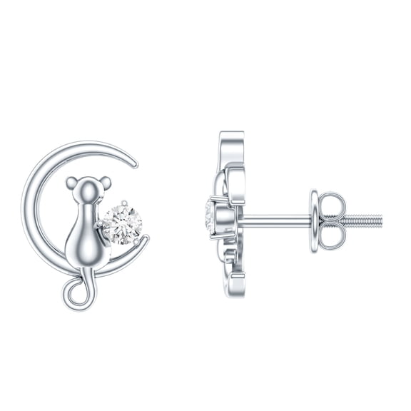 Rosec Jewels Cat on Moon Stud Earrings with Diamond for Women (HI-SI Quality) - with Screw Back - Ready to Gift, 925 Sterling Silver