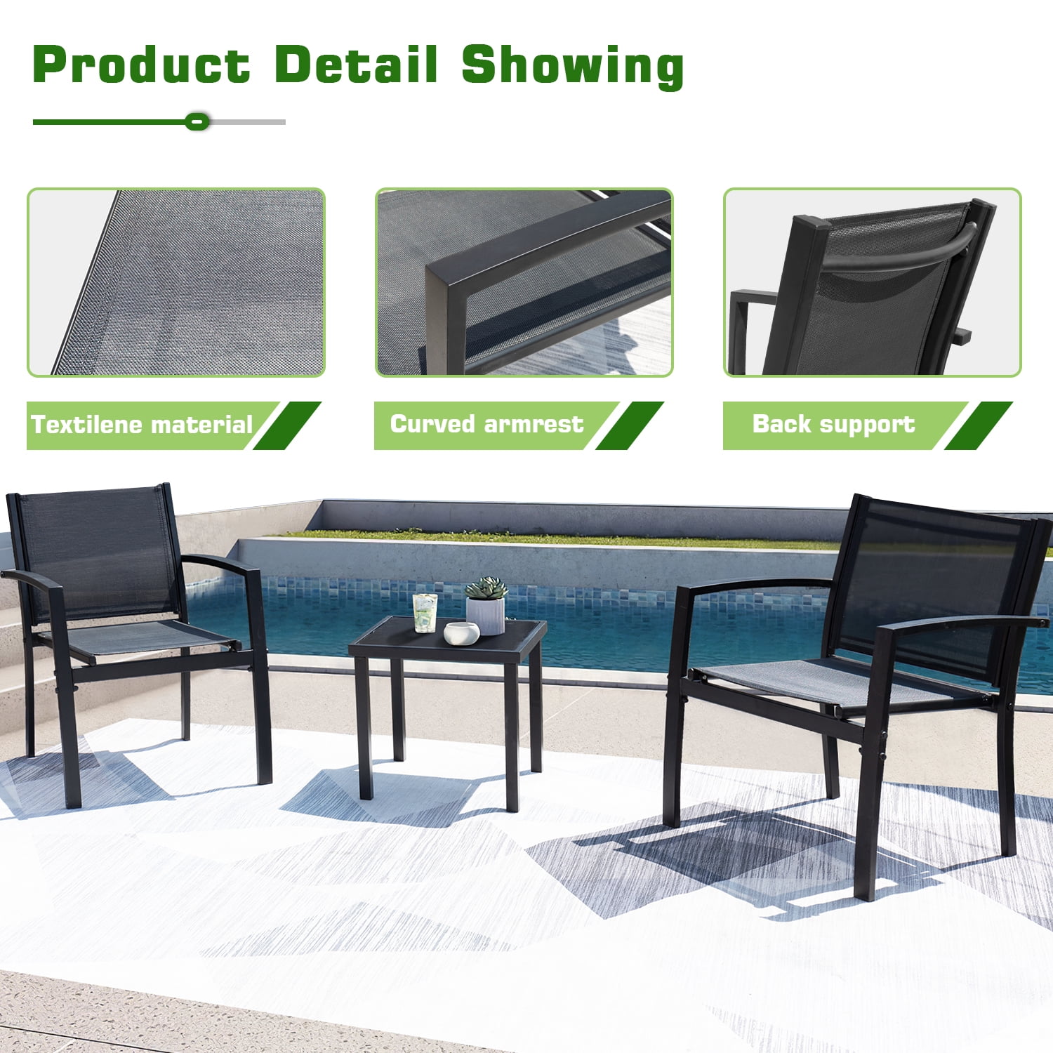 Devoko 3 Pieces Modern Outdoor Conversation  Patio  Furniture Sets Textilene Bistro, with Glassed Table Steel Frame, Black