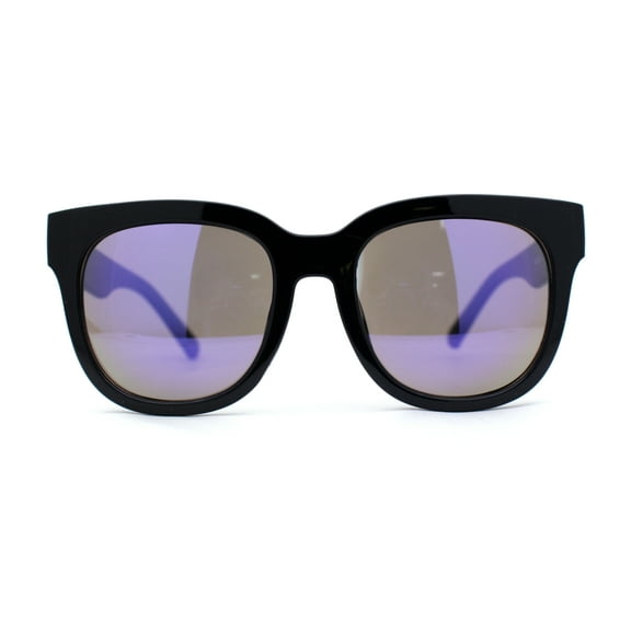 Womens Round Thick Horn Rim Color Mirror Boyfriend Sunglasses Black Blue Mirror