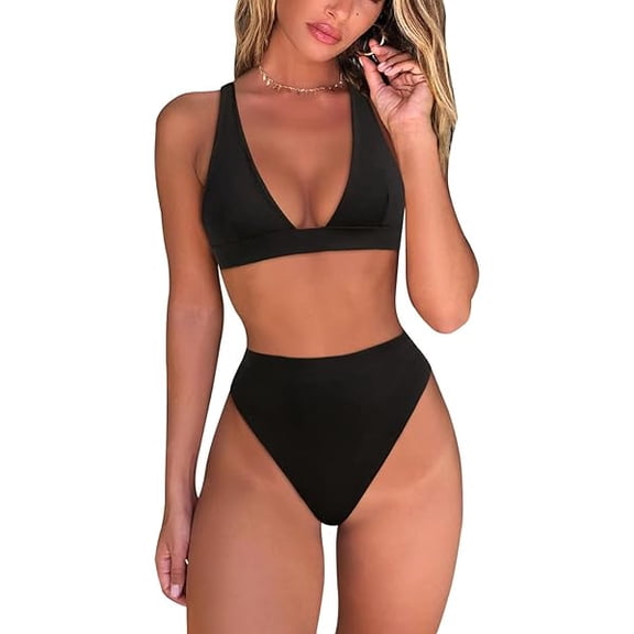 Womens High Waisted Thong Bikini Sets Sexy Brazilian Triangle Top Deep V Neck Two Piece Swimsuit Bathing Suits