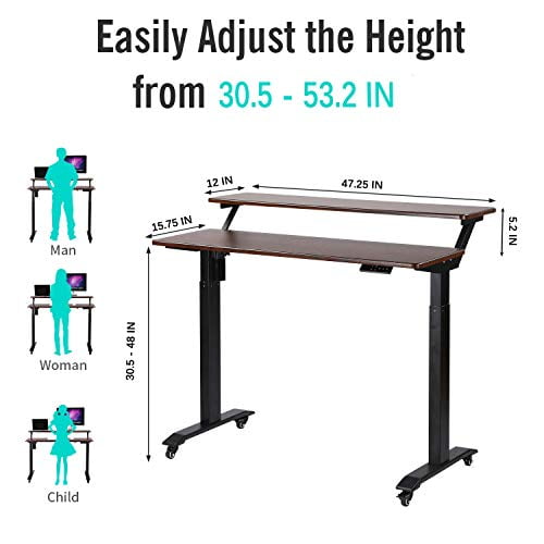 UNICOO® 2 Tier Electric Height Adjustable Standing Desk with Wheels, Electric Mobile Standing Workstation, Sit Stand Desk Home Office Desk Whole-Piece Desk Board 48 * 24 in (KT1002-MB) 2Tier