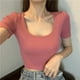 thumbnail image 1 of VISgogo Mujeres Crop Tops, Mujer Cuello en U Manga Corta Color Sólido Slim Fit Camisetas Cortas Camisetas VISgogo  moda, 1 of 2