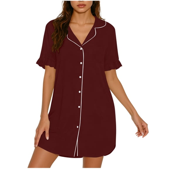 Hduncf Nightgowns for Women Button Down Sleepshirt Short Sleeve Nightshirt Soft Comfort Breathable Pajamas V Neck Nightdress Blue S