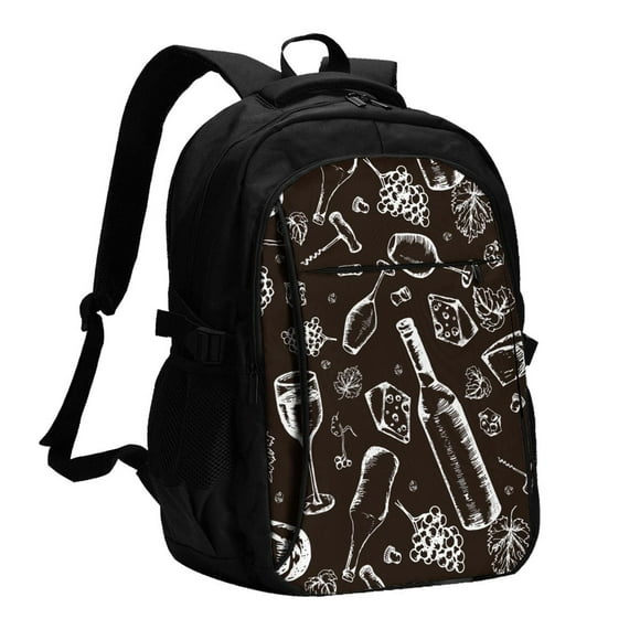 Sikiie Wine Seamless Print USB Travel Backpack, Multi-pocket Laptop Bag with USB Charging Port, Suitable for School, Work and Outing, Unisex