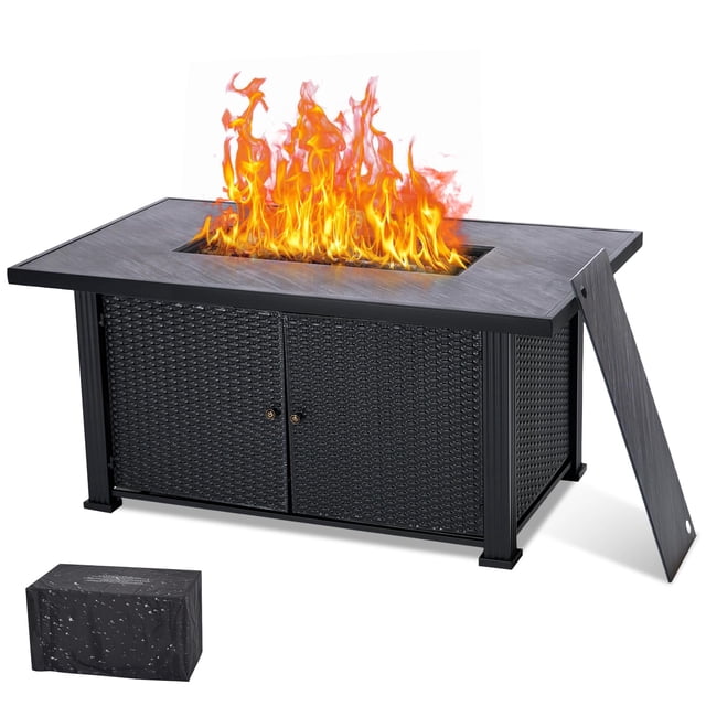 QinaQin 57 Inch Outdoor Propane Fire Pit Table, 50000 BTU Rectangle Fire Table with Removable Lid and Rain Cover