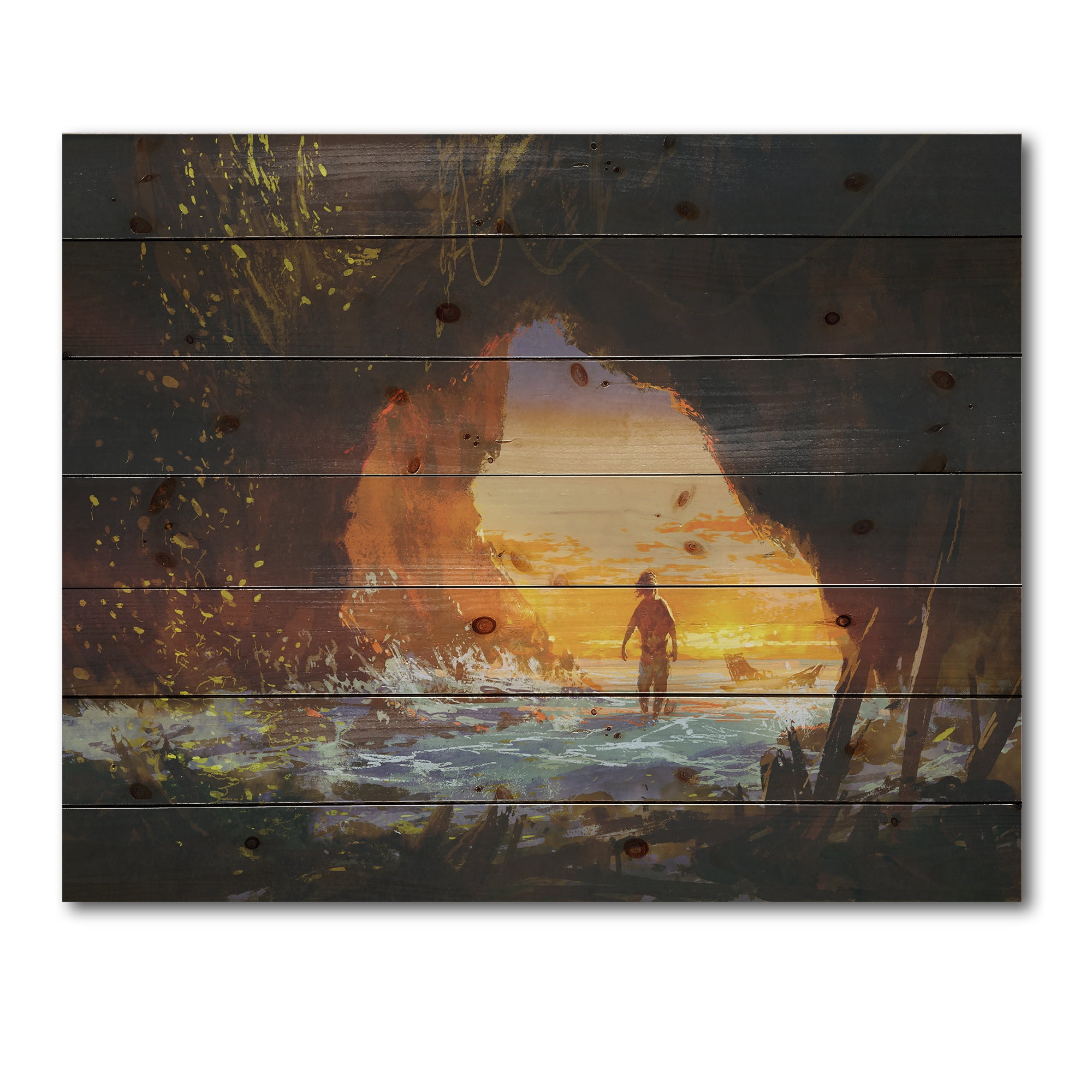 Designart 'The Sea Cave At Sunset With The Man Walking In' Nautical & Coastal Print on Natural Pine Wood