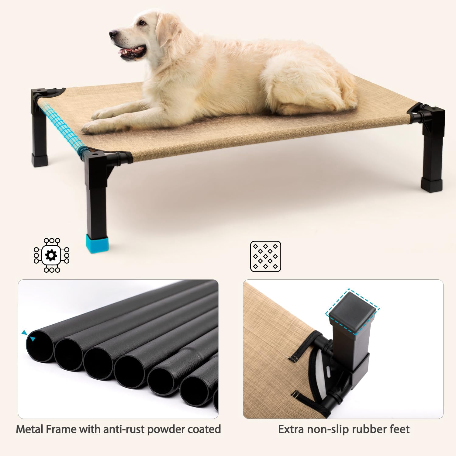 Elevated Dog Bed, Cooling Raised Bed, Portable&No-Slip for Outdoor or Indoor Use, Beige, Large, 51"L x 36"W x 9.3"H