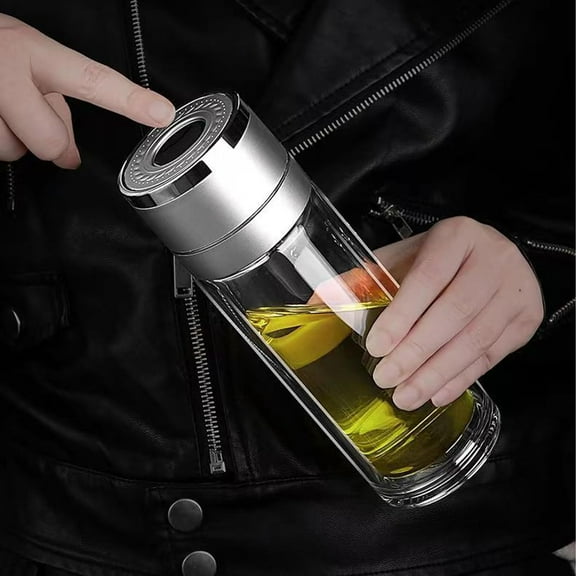 Tea Infuser Bottle - Double Wall Borosilicate Glass Tea Mug with Stainless Steel Filter - Tea Tumbler with Tea Diffuser - Portable Travel Tea Mug (Silver)