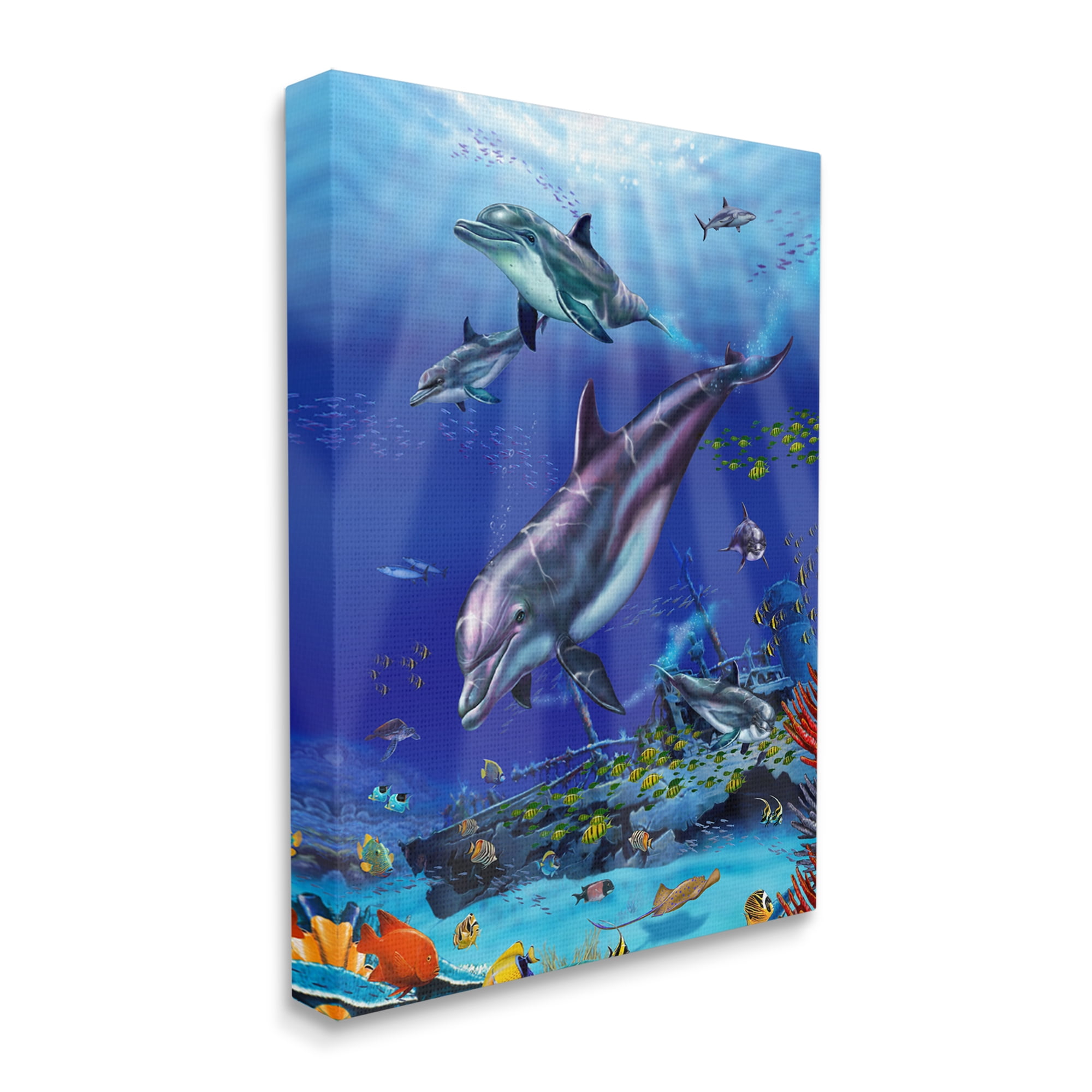 Stupell Industries Aquatic Dolphins & Fish Coastal Painting Gallery Wrapped Canvas Print Wall Art