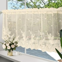 EFINNY Beige Lace Short Curtain for Kitchen Window Jacquard Floral Sheer Curtain Valance for Small Window Rod Pocket Top Tulle 1 Piece