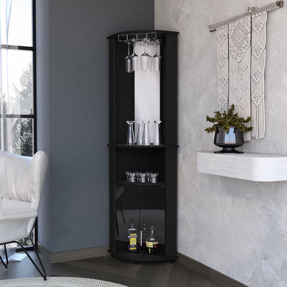 Mirrored Cabinet For Bar Area, 75" H, Black With Glass Doors & 2 Shelves Corner Cabinet, Black, Shelf Space