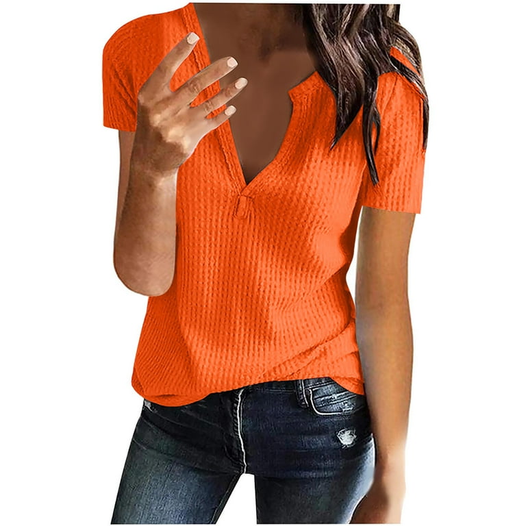 Tklpehg Womens Short Sleeve Notch Neck Ribbed T Shirts Loose Fit Summer Casual Solid Color Tunic Dressy Tops Tees Clearance Orange 12(xxl), Women's