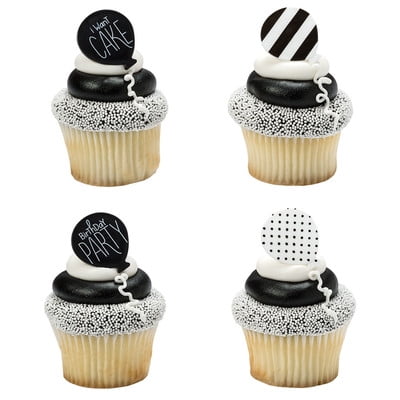 Cupcake Decorating Rings - 24pack Black & White Modern Happy Birthday Cupcake / Desert / Food Decoration Topper Rings with Favor Stickers & Sparkle Flakes