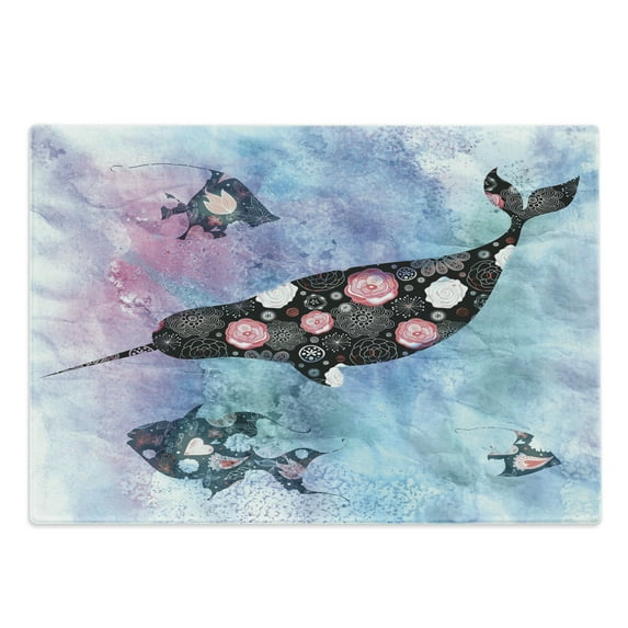 Narwhal Cutting Board, Floral Patterned Whale and Fish Psychedelic Abstract Art Inspirations, Decorative Tempered Glass Cutting and Serving Board, Large Size, Multicolor, by Ambesonne